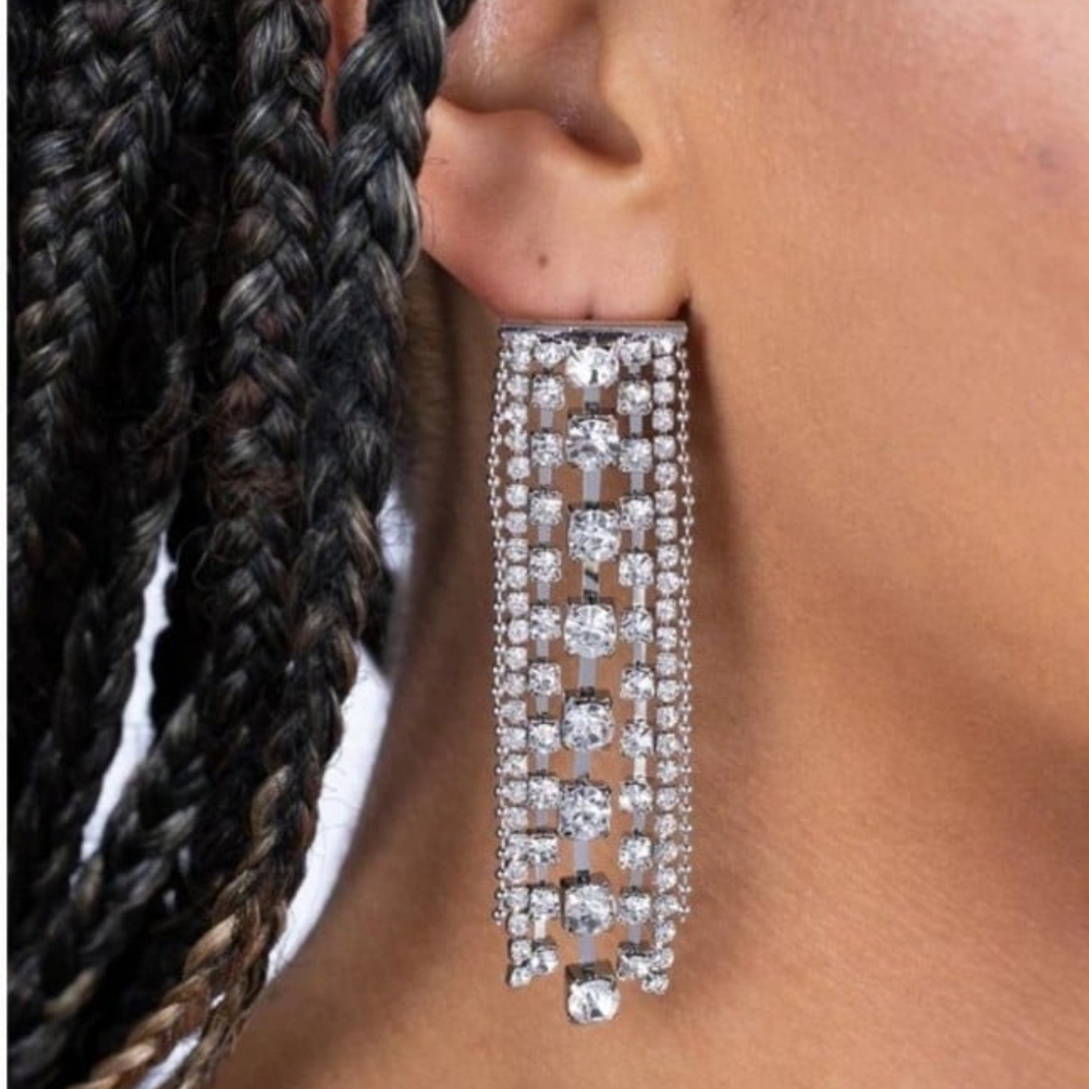 Starry Streamers White Paparazzi Silver Crystal Dangle Post Earrings Fashion - Picture 2 of 6